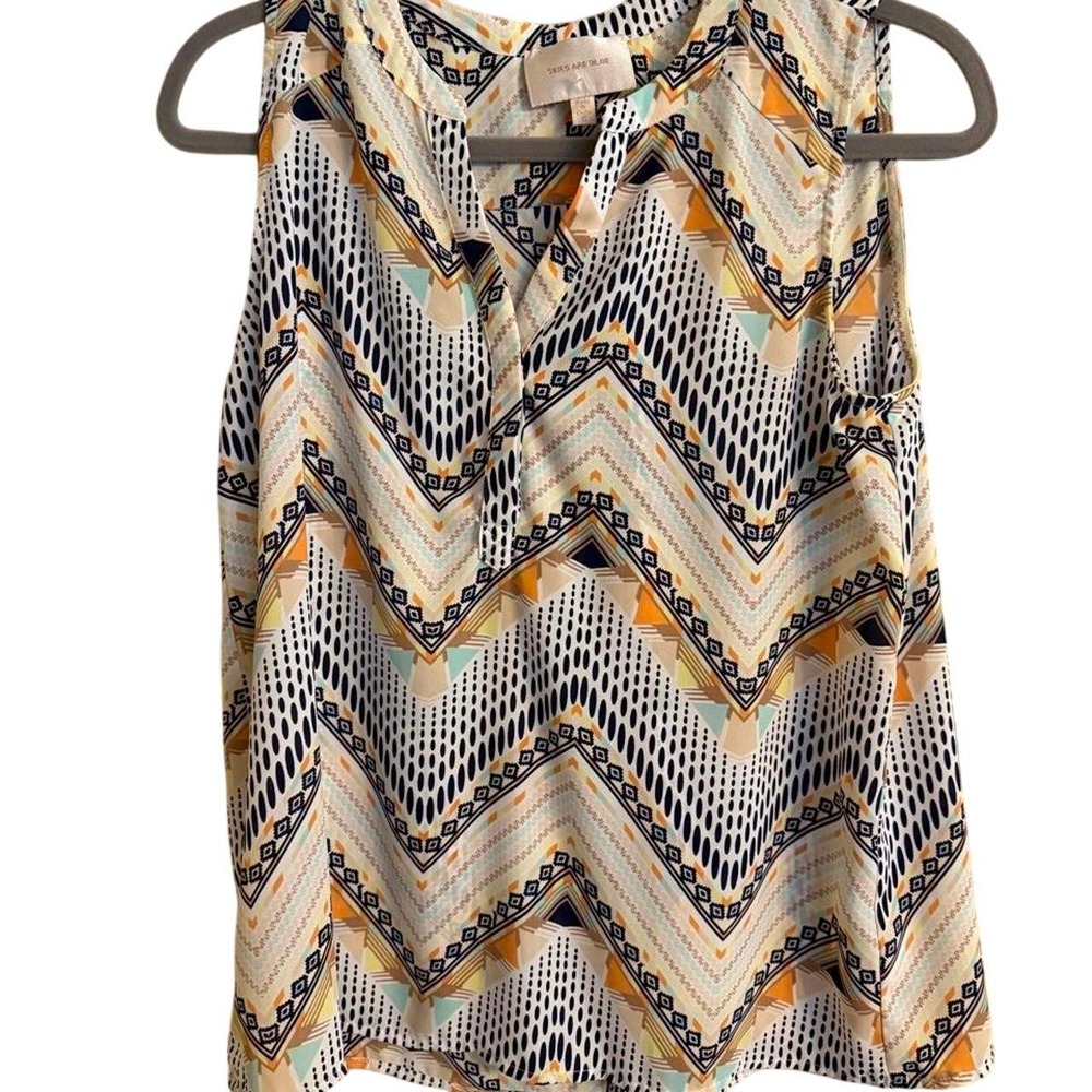 Skies Are Blue Womens Small Sleeveless Geometric Chevron V-Neck Blouse Top